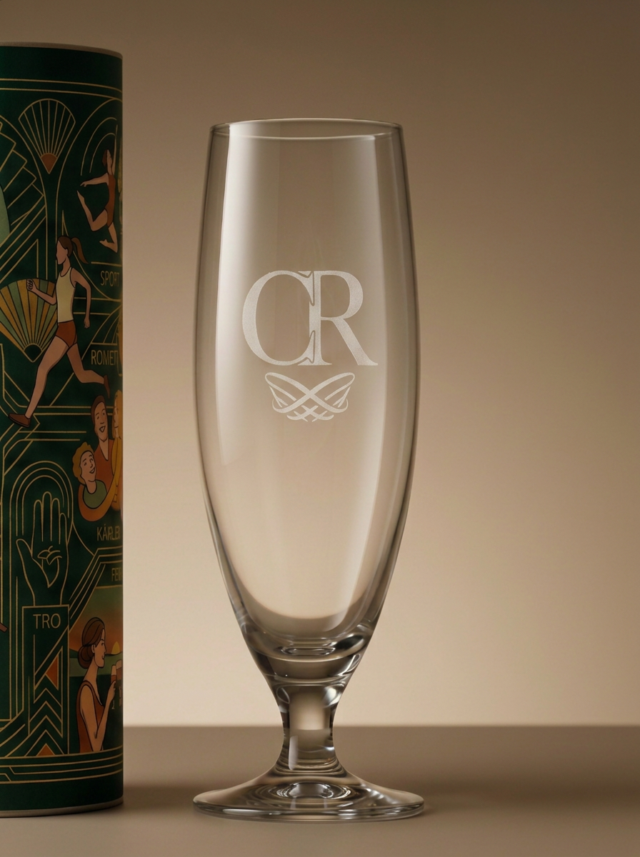 Dricksglas på fot med graverat monogram och illustrerad papptub
