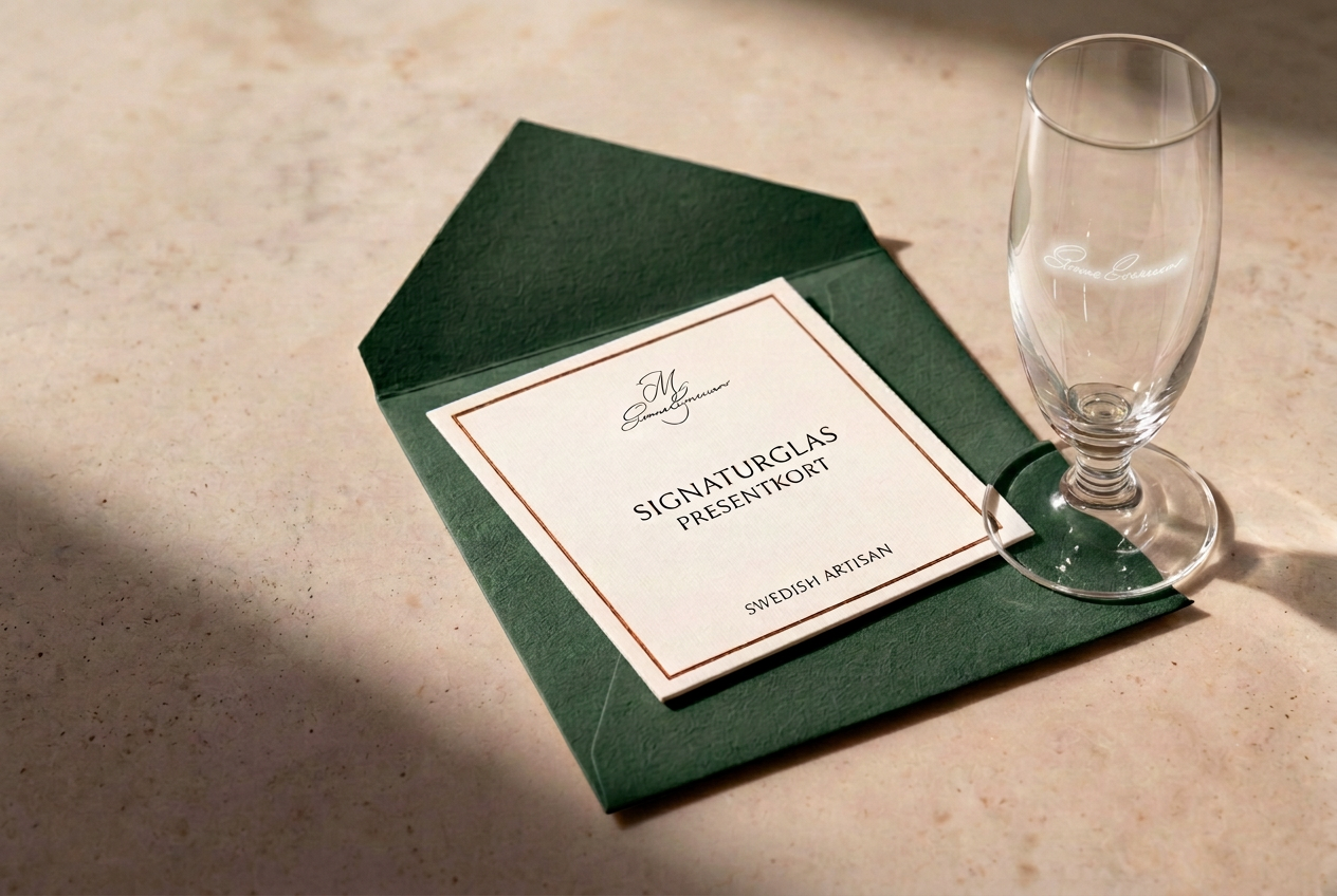 Färdigt Signaturglas-presentkort i kuvert bredvid ett graverat glas